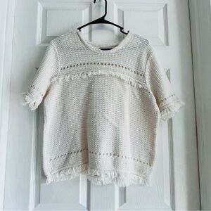 J.Crew Women’s Short Sleeve Fringe Cream Knit Top XL